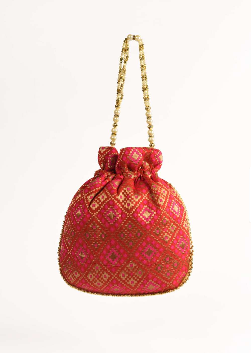 Red Potli Bag In Brocade Silk With Geometric Jaal Design Online - Kalki Fashion