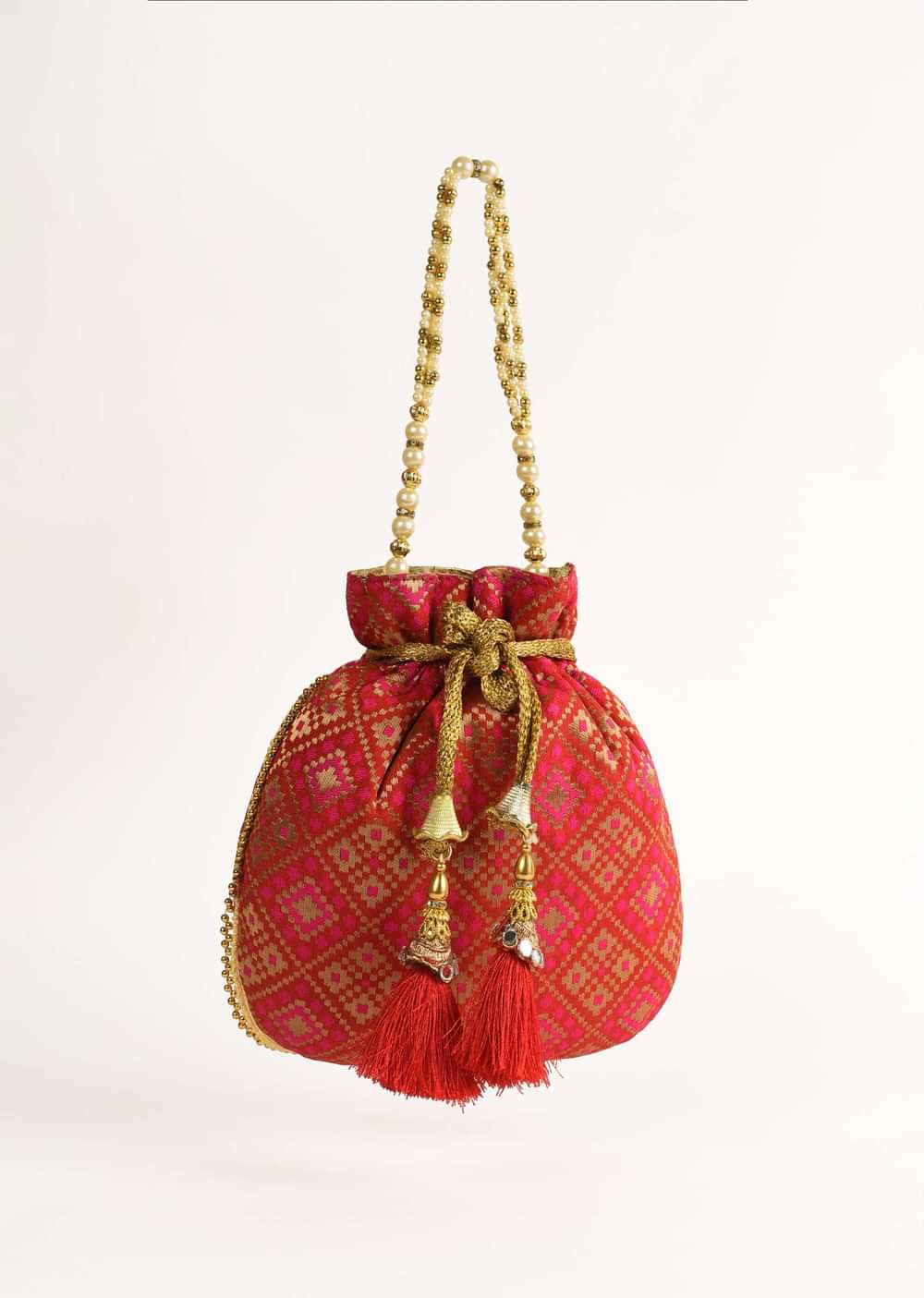 Red Potli Bag In Brocade Silk With Geometric Jaal Design Online - Kalki Fashion