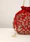 Red Potli In Satin Or Raw Silk With Hand Embroidery Detailing Using Zardosi Work In Floral Design All Over