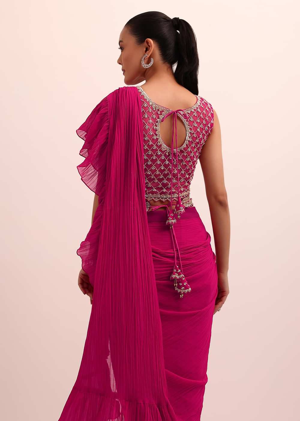 Red Pre Pleated Frill Saree With Belt And A Stitched Blouse