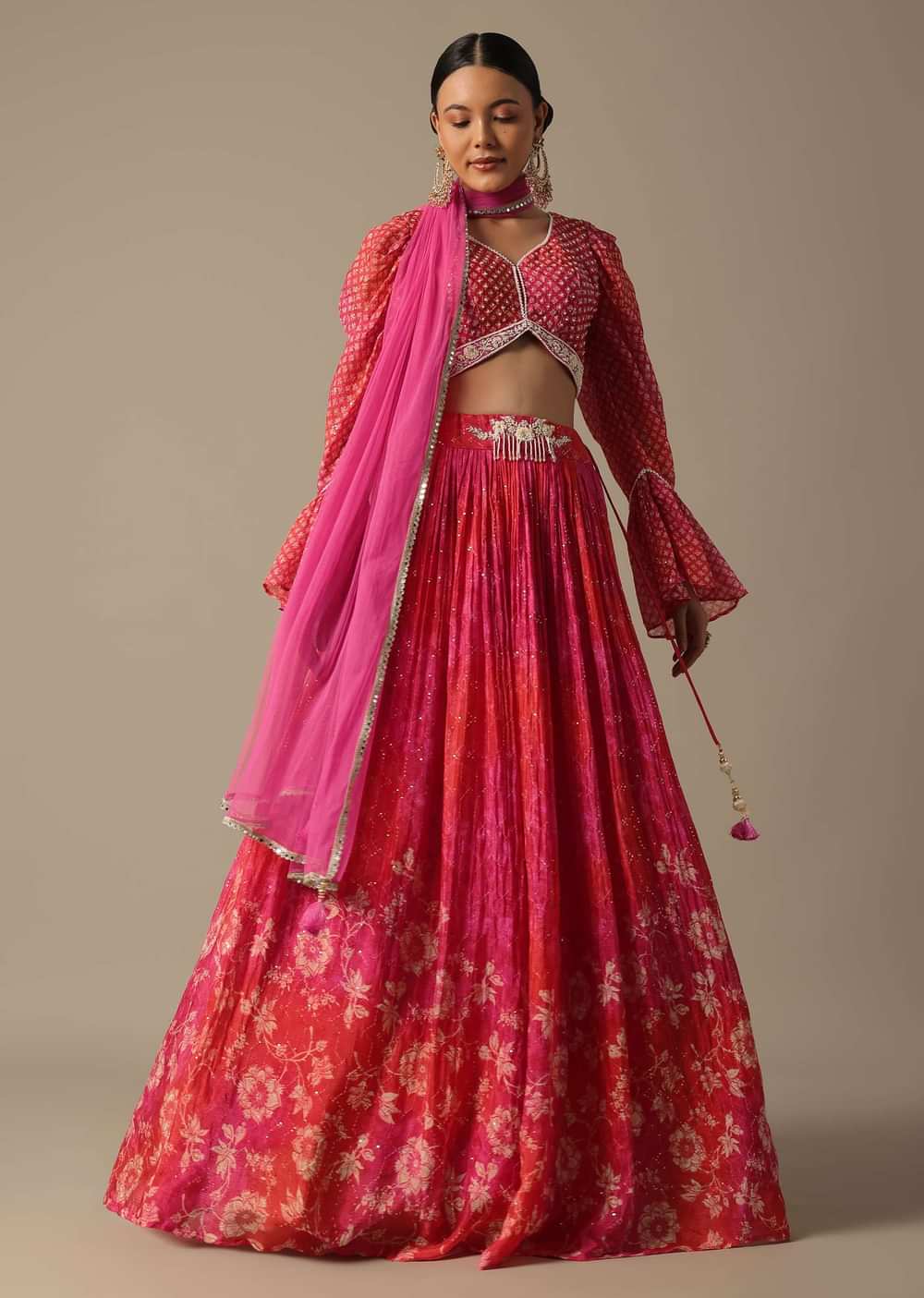Red Printed Chiffon Lehenga Set