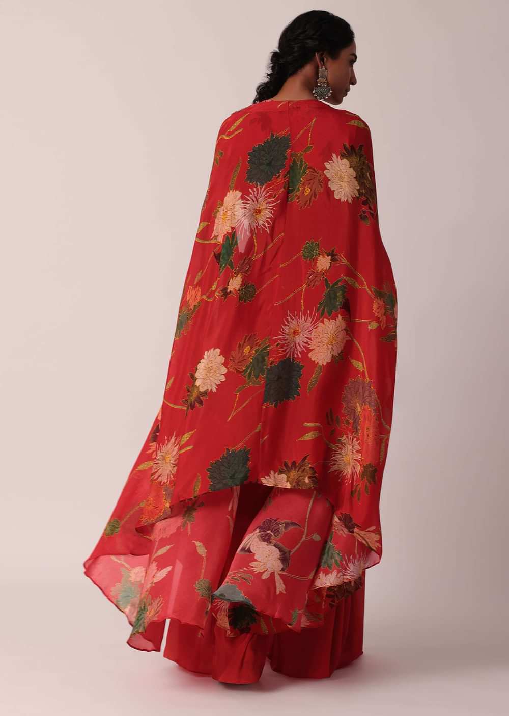 Red Printed Crop Top And Jacket Set In Chiffon
