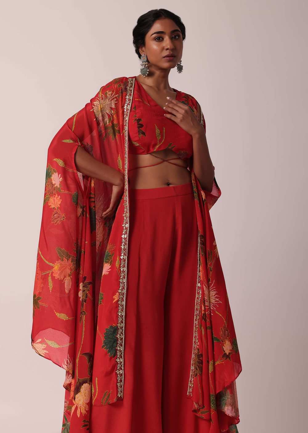 Red Printed Crop Top And Jacket Set In Chiffon