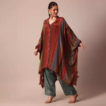 Red Printed Kaftaan Set With Resham And Metal Coin Detailing
