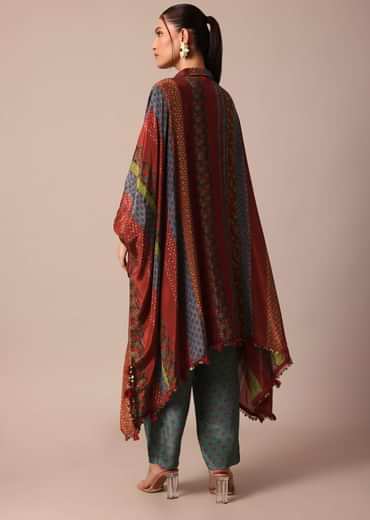 Red Printed Kaftaan Set With Resham And Metal Coin Detailing
