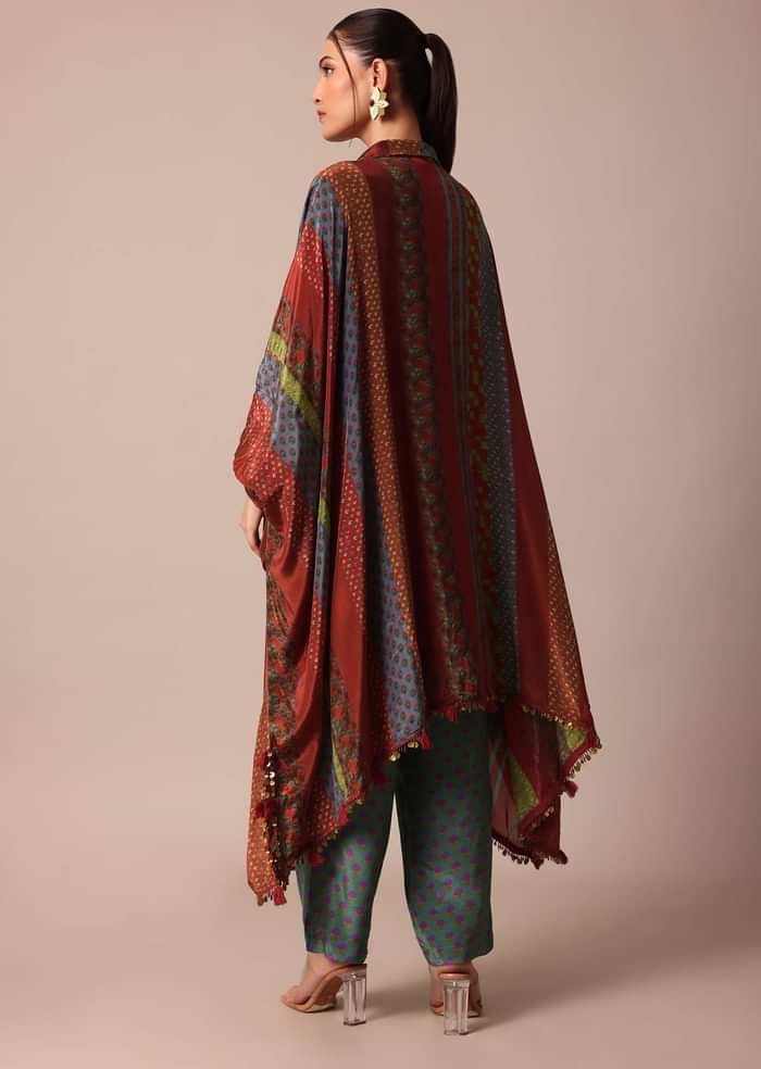 Red Printed Kaftaan Set With Resham And Metal Coin Detailing