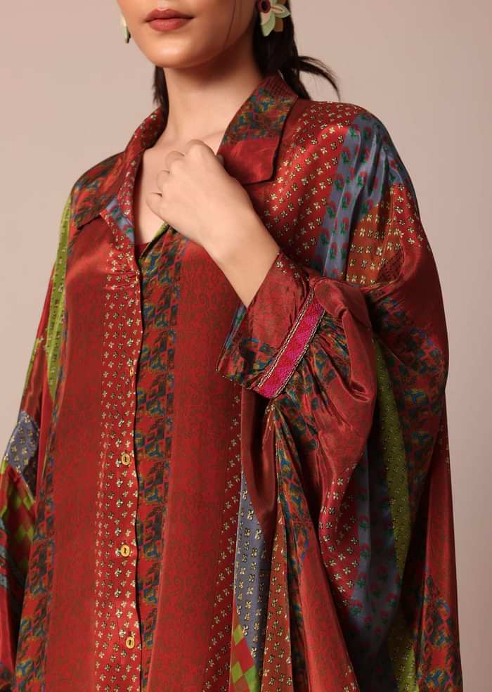 Red Printed Kaftaan Set With Resham And Metal Coin Detailing