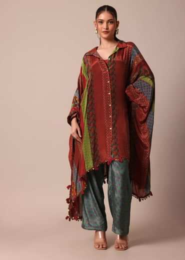 Red Printed Kaftaan Set With Resham And Metal Coin Detailing