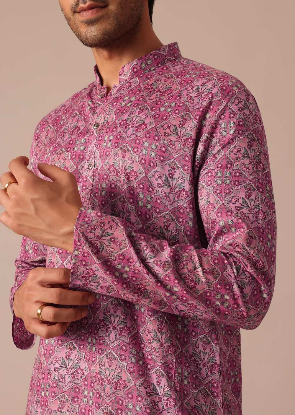Pink Printed Kurta and Pant Set in Satin
