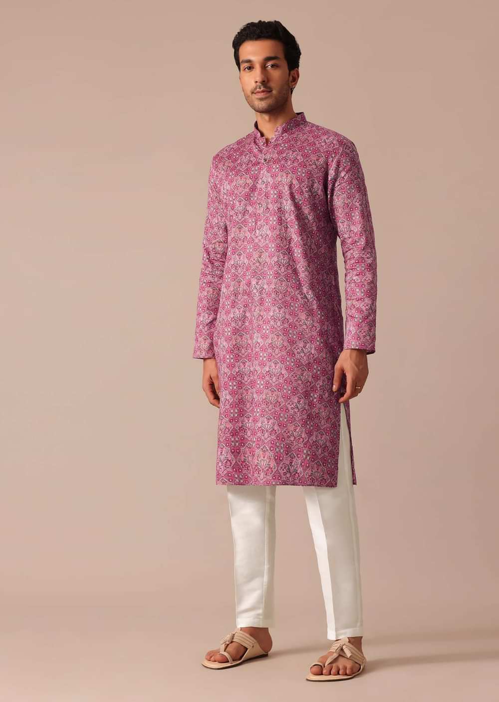 Pink Printed Kurta and Pant Set in Satin
