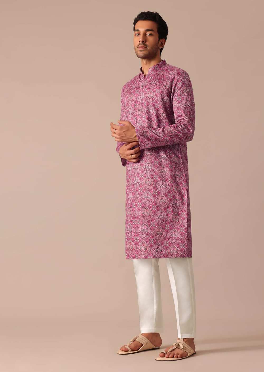 Pink Printed Kurta and Pant Set in Satin
