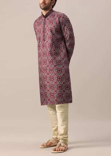 Red Printed Kurta Set In Silk