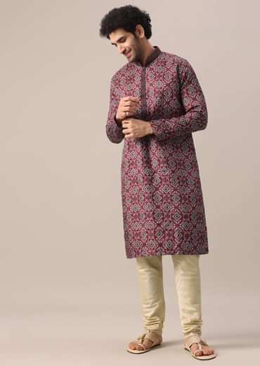Red Printed Kurta Set In Silk