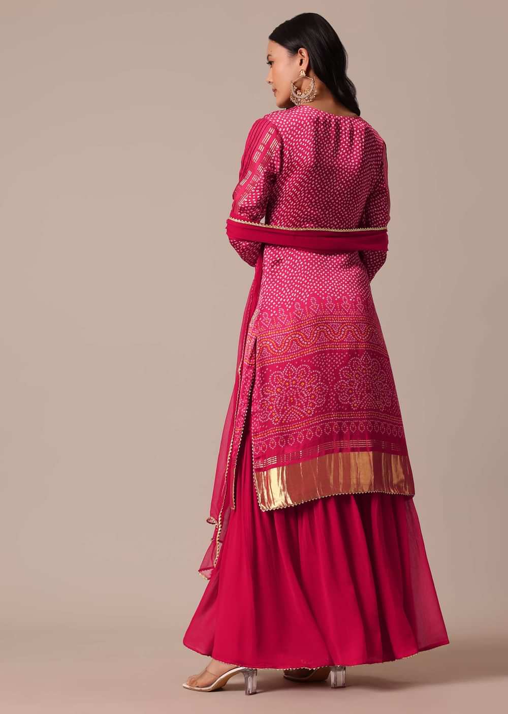 Red Printed Kurta Sharara Set In Silk