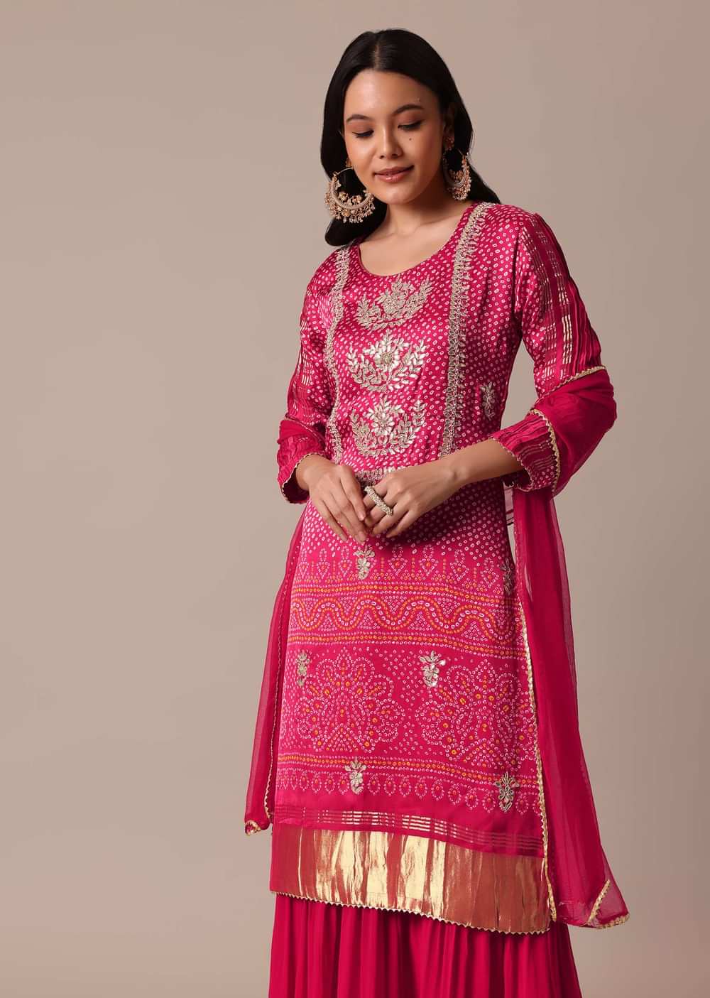 Red Printed Kurta Sharara Set In Silk