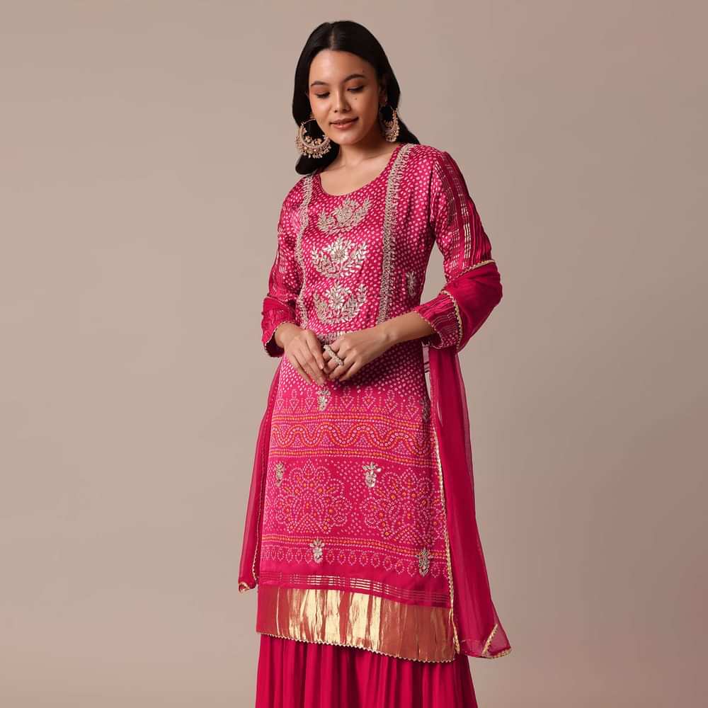 Red Printed Kurta Sharara Set In Silk