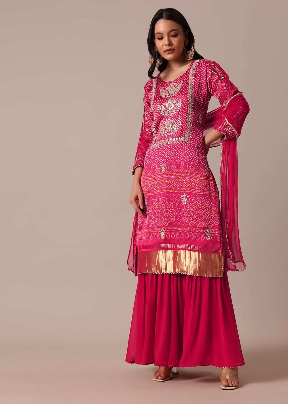 Red Printed Kurta Sharara Set In Silk