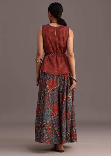 Red Printed Kurti Palazzo Set With Embroidery