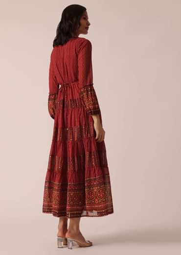 Red Printed Kurti With Belt