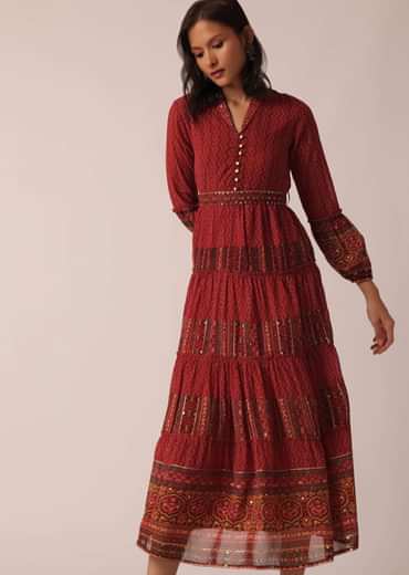 Red Printed Kurti With Belt