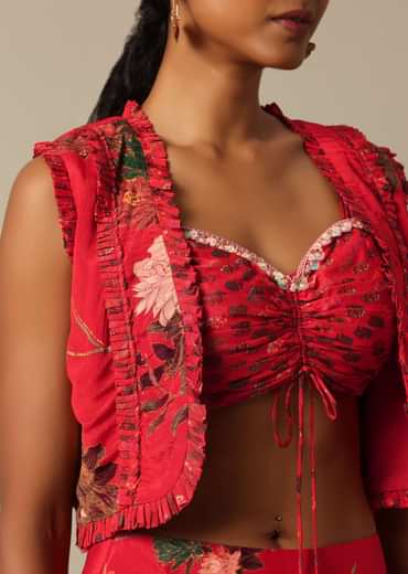 Red Printed Lehenga And Jacket Set In Chiffon