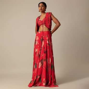 Red Printed Lehenga And Jacket Set In Chiffon