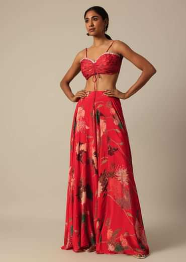 Red Printed Lehenga And Jacket Set In Chiffon