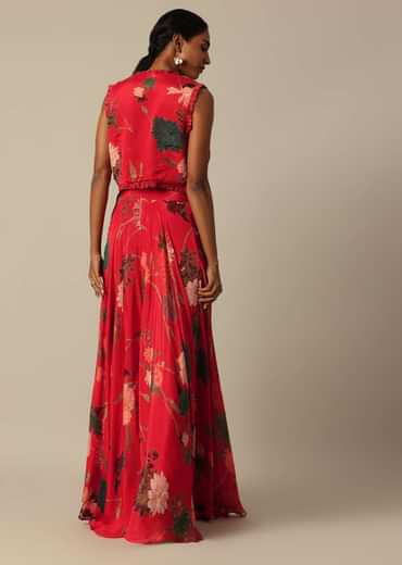 Red Printed Lehenga And Jacket Set In Chiffon