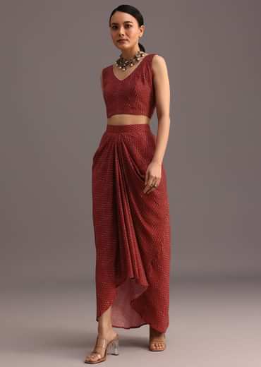 Red Ajrakh Printed Shirt And Croptop With Draped Skirt