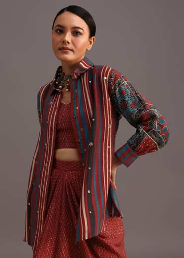 Red Ajrakh Printed Shirt And Croptop With Draped Skirt