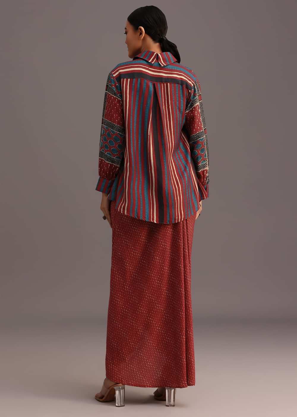 Red Ajrakh Printed Shirt And Croptop With Draped Skirt