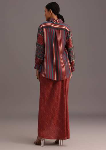 Red Ajrakh Printed Shirt And Croptop With Draped Skirt