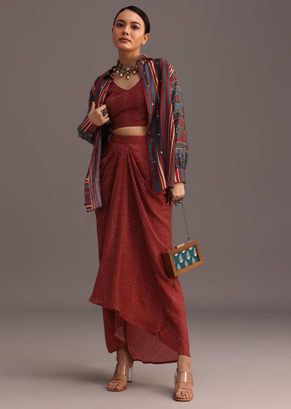 Red Ajrakh Printed Shirt And Croptop With Draped Skirt