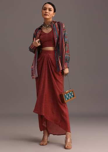 Red Ajrakh Printed Shirt And Croptop With Draped Skirt