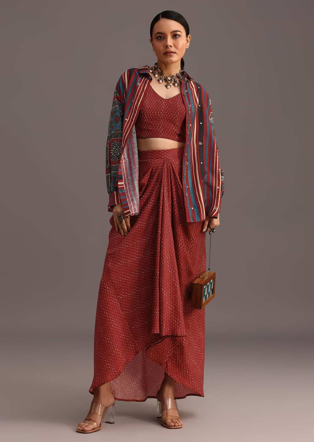 Red Ajrakh Printed Shirt And Croptop With Draped Skirt