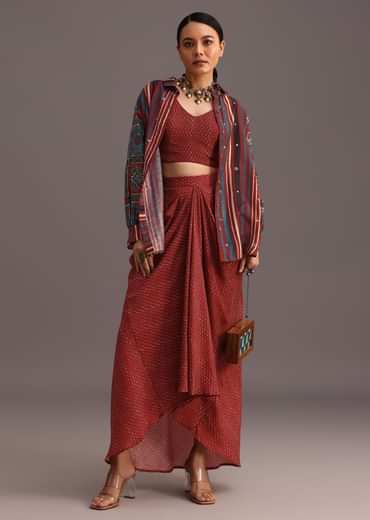 Red Ajrakh Printed Shirt And Croptop With Draped Skirt