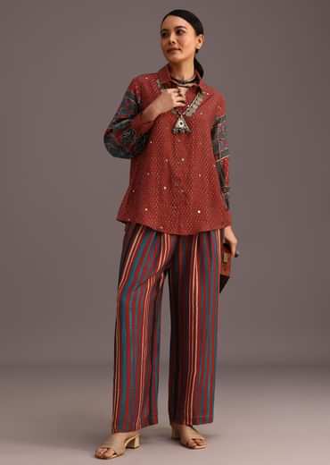 Red Printed Shirt Palazzo Set With Embroidery