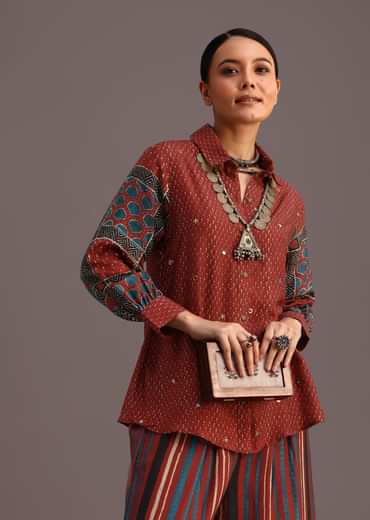 Red Printed Shirt Palazzo Set With Embroidery