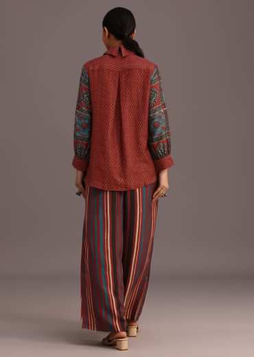Red Printed Shirt Palazzo Set With Embroidery