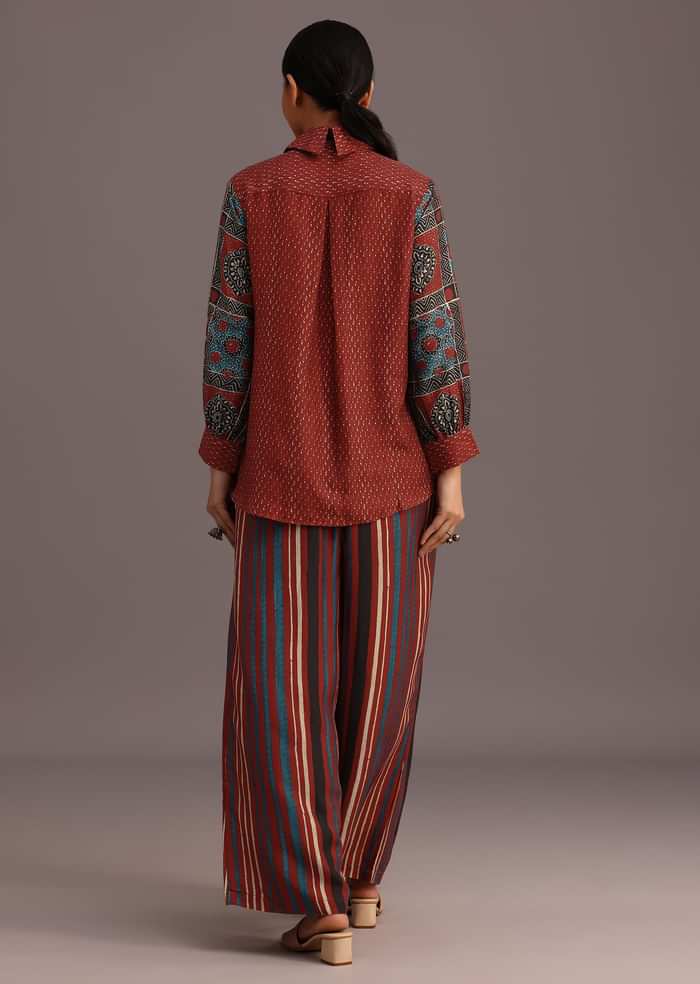 Red Printed Shirt Palazzo Set With Embroidery