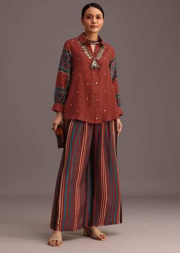 Red Printed Shirt Palazzo Set With Embroidery