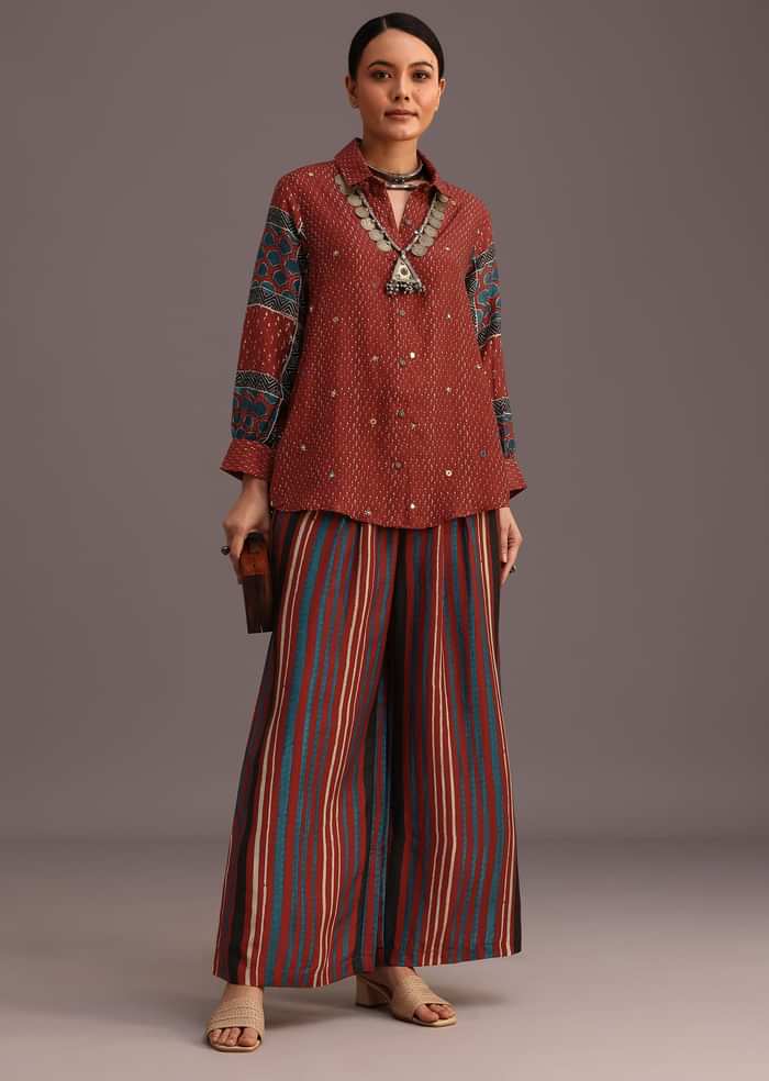 Red Printed Shirt Palazzo Set With Embroidery
