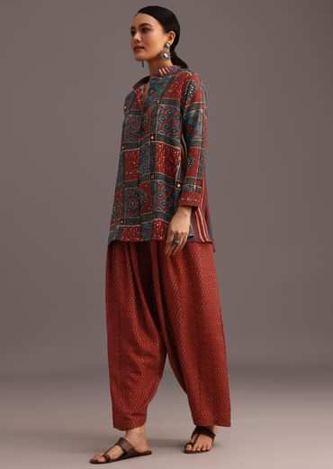 Red Printed Shirt Salwar Set With Embroidery