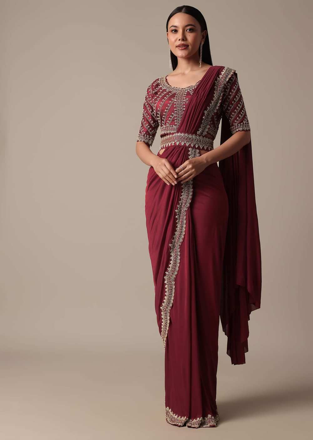 Red Ready Pleated Saree With Embellished Blouse