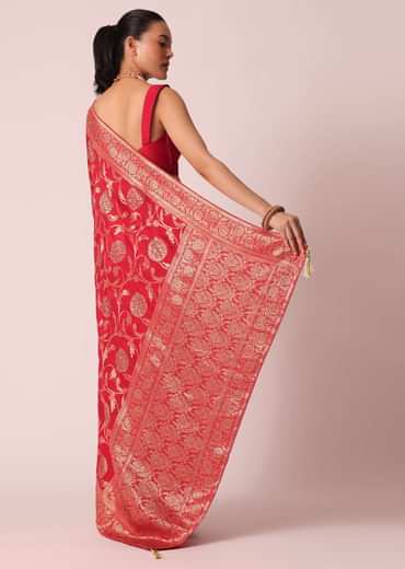Red Saree in Dola Silk With Floral Weave And Unstitched Blouse Piece