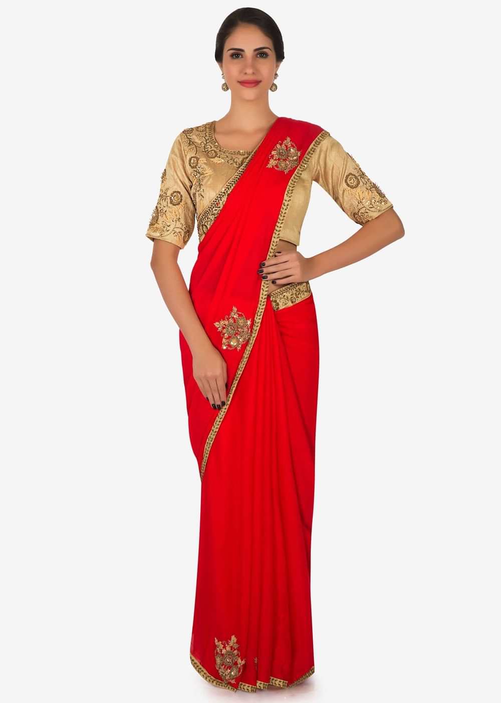 Red saree with beige blouse embellished in zardosi and frenchknot butti work only on Kalki