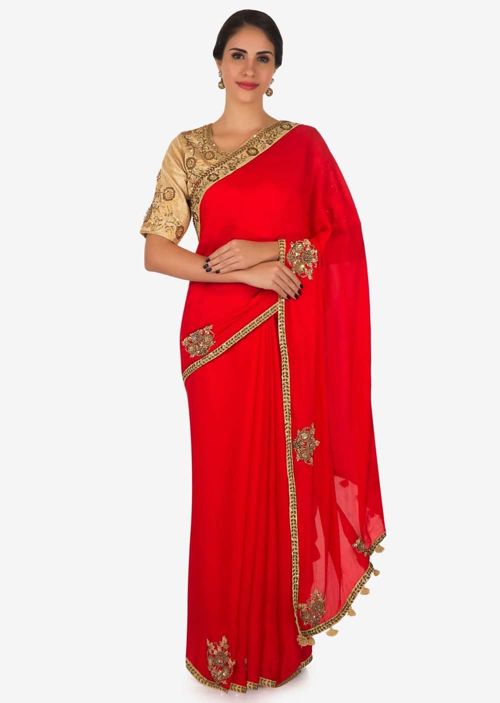 Red saree with beige blouse embellished in zardosi and frenchknot butti work only on Kalki