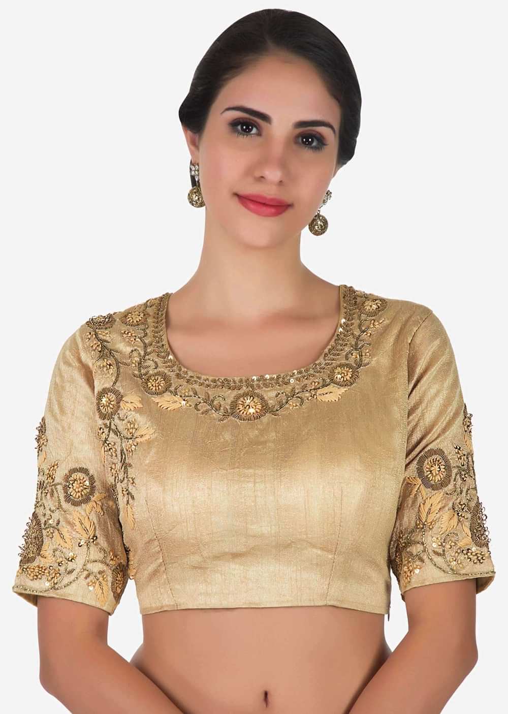 Red saree with beige blouse embellished in zardosi and frenchknot butti work only on Kalki