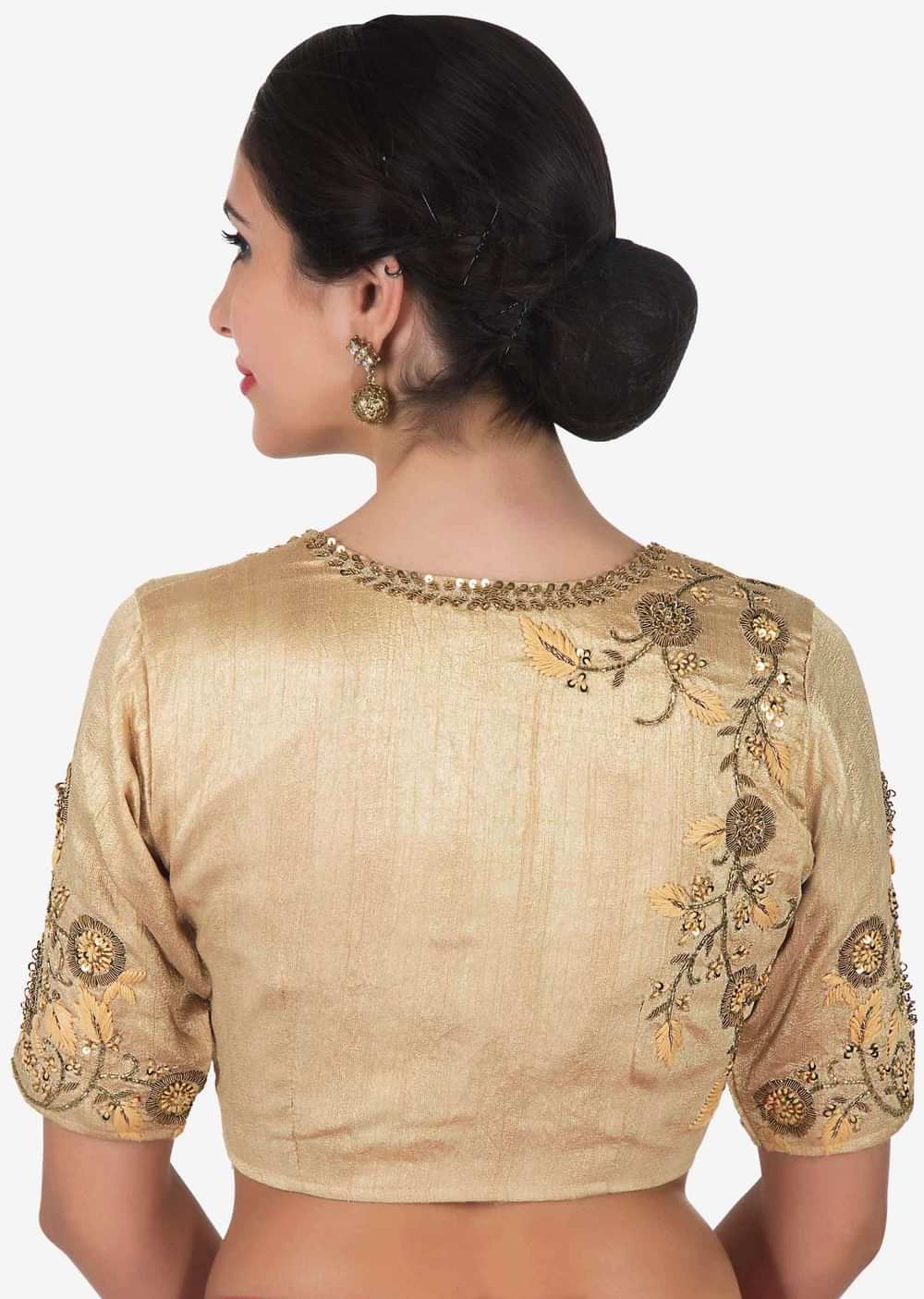 Red saree with beige blouse embellished in zardosi and frenchknot butti work only on Kalki
