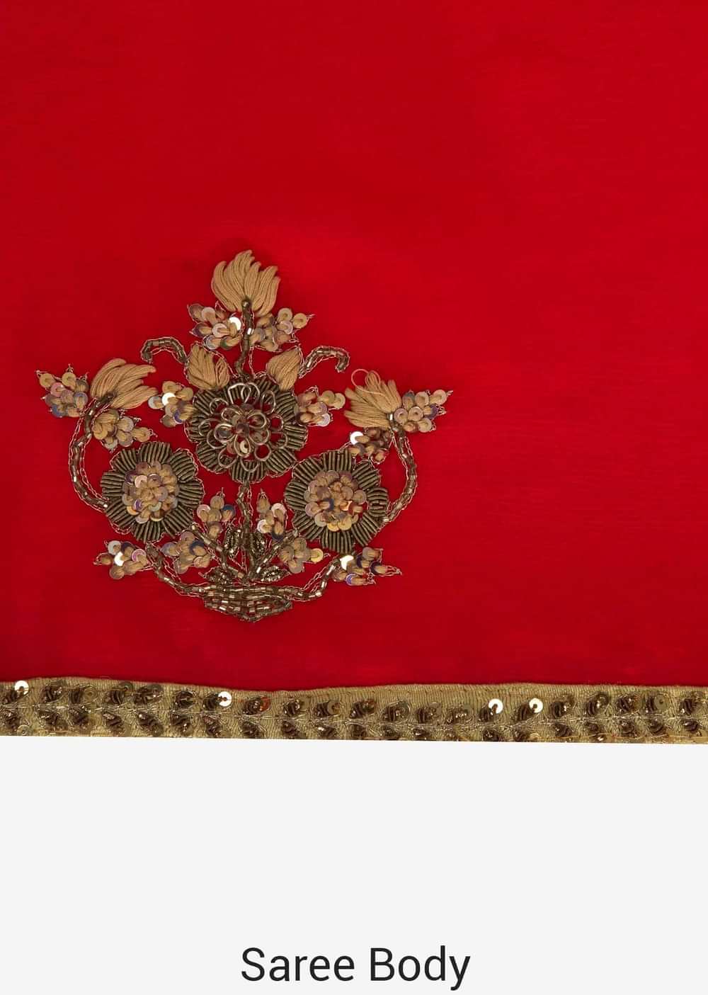 Red saree with beige blouse embellished in zardosi and frenchknot butti work only on Kalki